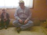 AJ and I resting on roll of carpeting.